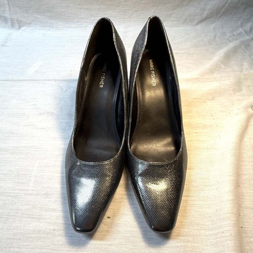 Marc Fisher Silver Metallic Snake Embossed Block Heel Pumps